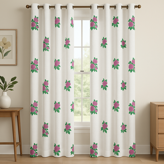 Handblock hydrangea floral curtains