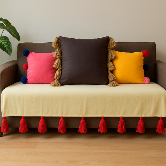Lemon yellow sofa throw with red jumbo tassels