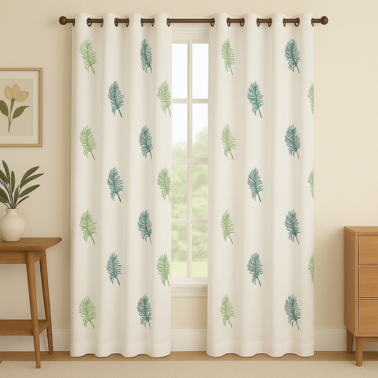 Hand block palm leaves on curtain