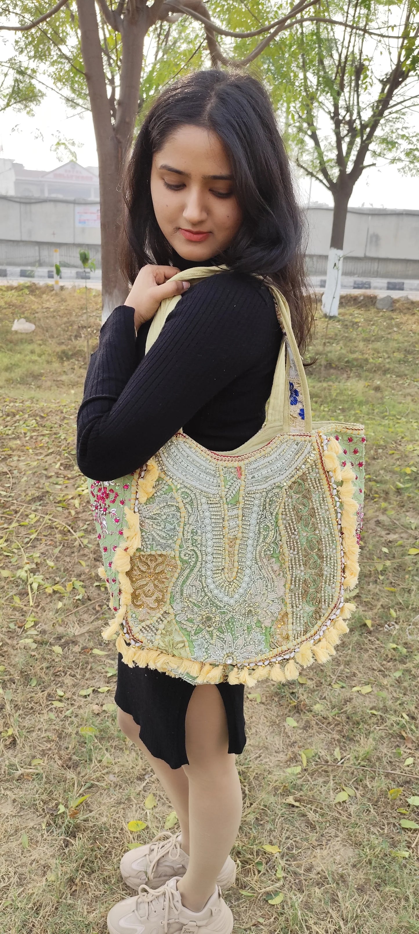 Lemon yellow boho banjara tote bag with tassel and patch work