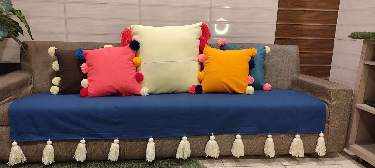 Royal Blue sofa cover with jumbo white tassels
